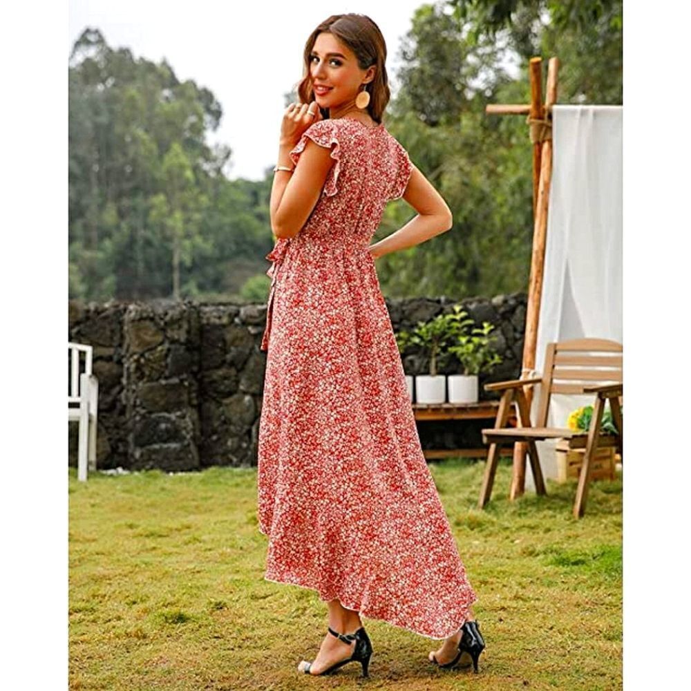 Grecerelle Red Floral Wrap High-Low Dress - Picture 2 of 10